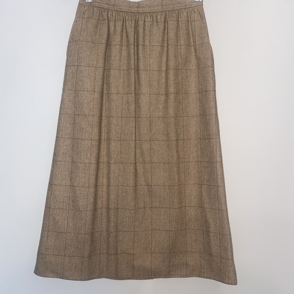Vintage Evan Picone Brown Plaid Pleated Midi Skirt Size 8 ILGWU Wool Blend USA